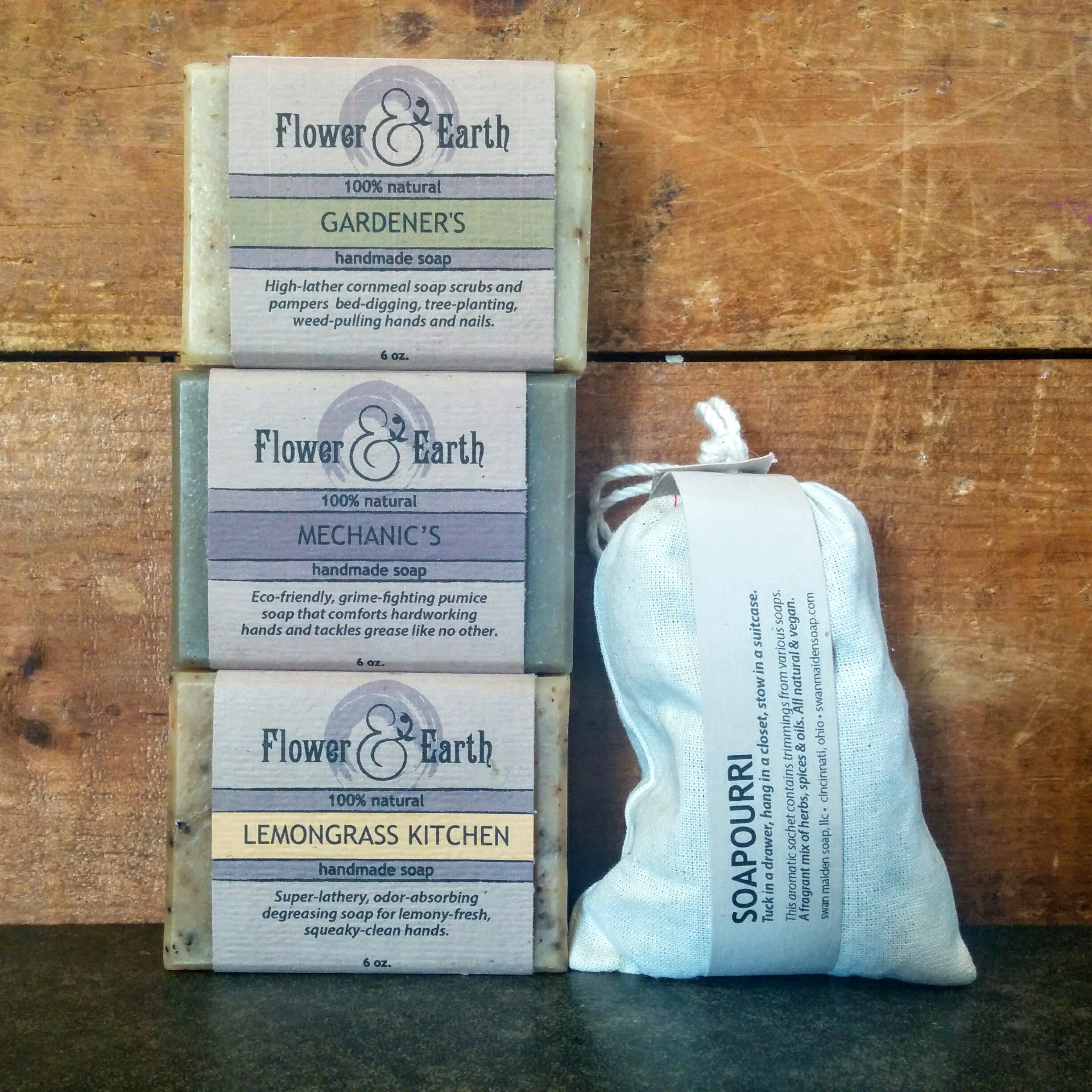 Our Around The House Soap Set, featuring Handmade Gardener's Soap with Locally Sourced Cornmeal.